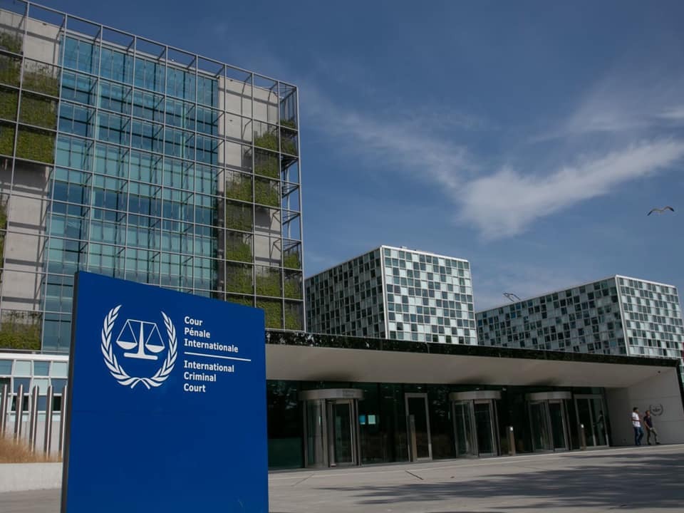 Building of International Criminal Court with a ground sign